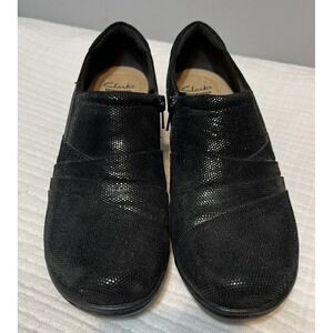 Clarks Channing Kim Loafers Womens Size 10 M Black Suede Shimmer Side Zip Shoes